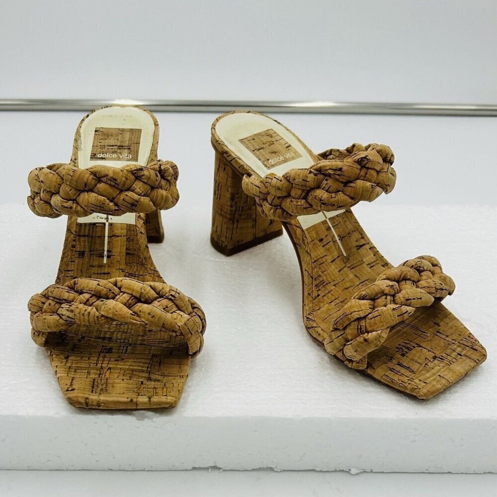 Dolce Vita Paily Slide Sandals Cork Brown Womens Sz 6.5 Braided 3" Block Heels